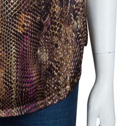 Saint Laurent Multicolor Reptile Printed Silk Cowl Neck Sleeveless Top M