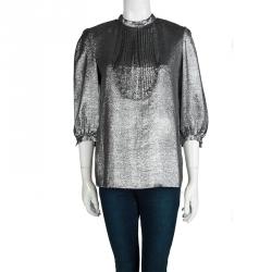Pre Owned Saint Laurent Paris Metallic Silver Pleat Detail Long Sleeve Top M