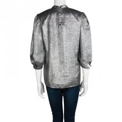 Pre Owned Saint Laurent Paris Metallic Silver Pleat Detail Long Sleeve Top M