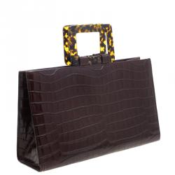 Pre Owned حقيبة سان لوران باريس فينتدج جلد نقشة الثعبان بني بيد علوية