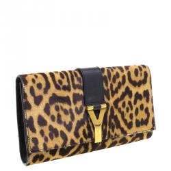 مملوكة مسبقًا Saint Laurent Paris Brown/Black Leopard Print Calf Hair Large Chyc Clutch