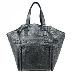 Pre Owned Saint Laurent Paris Metallic Grey Leather Croc Embossed Large Downtown Tote