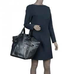 Pre Owned Saint Laurent Paris Metallic Grey Leather Croc Embossed Large Downtown Tote