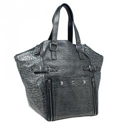 Pre Owned Saint Laurent Paris Metallic Grey Leather Croc Embossed Large Downtown Tote