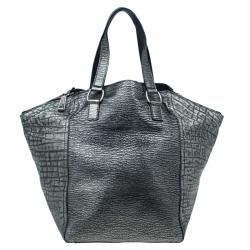 Pre Owned Saint Laurent Paris Metallic Grey Leather Croc Embossed Large Downtown Tote