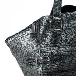 Pre Owned Saint Laurent Paris Metallic Grey Leather Croc Embossed Large Downtown Tote