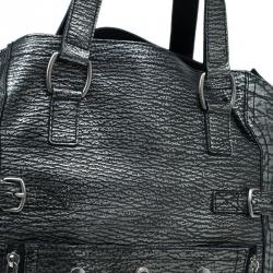 Pre Owned Saint Laurent Paris Metallic Grey Leather Croc Embossed Large Downtown Tote