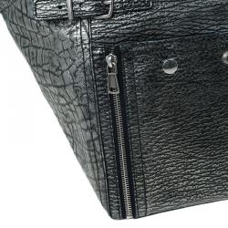 Pre Owned Saint Laurent Paris Metallic Grey Leather Croc Embossed Large Downtown Tote