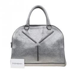 Pre Owned Saint Laurent Paris Metallic Silver Leather Sac 32 Tote
