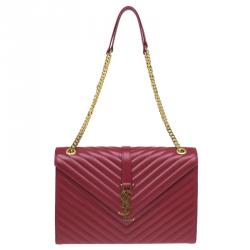 Pre Owned Saint Laurent Paris Red Leather Chevron Flap Shoulder Bag
