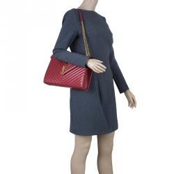 Saint Laurent Paris Red Leather Chevron Flap Shoulder Bag