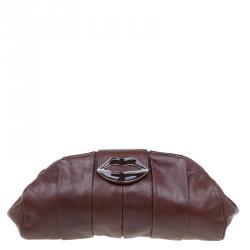 Pre Owned Saint Laurent Paris Brown Pleated Leather Dali Lips Clutch