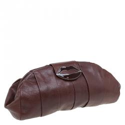 Pre Owned Saint Laurent Paris Brown Pleated Leather Dali Lips Clutch