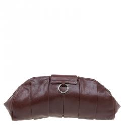 Pre Owned Saint Laurent Paris Brown Pleated Leather Dali Lips Clutch