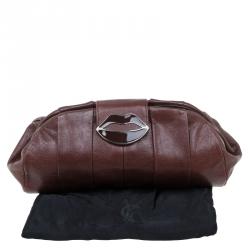 Pre Owned Saint Laurent Paris Brown Pleated Leather Dali Lips Clutch