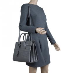 Pre Owned Saint Laurent Paris Grey Croc Embossed Leather Small Classic Sac De Jour Tote