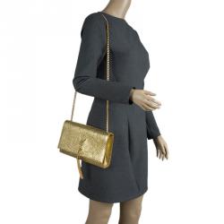 Pre Owned Saint Laurent Paris Gold Python Embossed Leather Medium Tassel Crossbody Bag