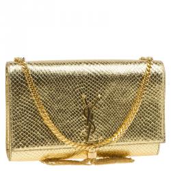 Pre Owned Saint Laurent Paris Gold Python Embossed Leather Medium Tassel Crossbody Bag