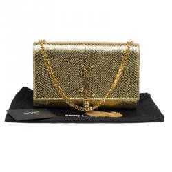 Pre Owned Saint Laurent Paris Gold Python Embossed Leather Medium Tassel Crossbody Bag