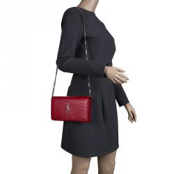 Pre Owned Saint Laurent Paris Red Croc Embossed Leather Wallet on Chain