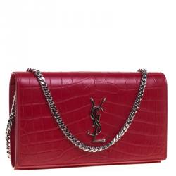 Pre Owned Saint Laurent Paris Red Croc Embossed Leather Wallet on Chain