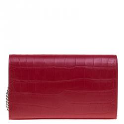 Pre Owned Saint Laurent Paris Red Croc Embossed Leather Wallet on Chain