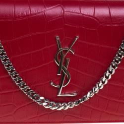 Pre Owned Saint Laurent Paris Red Croc Embossed Leather Wallet on Chain