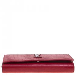 Pre Owned Saint Laurent Paris Red Croc Embossed Leather Wallet on Chain