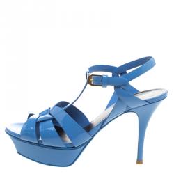 Pre Owned Saint Laurent Paris Cerulean Blue Patent Leather Tribute Platform Sandals Size 37.5