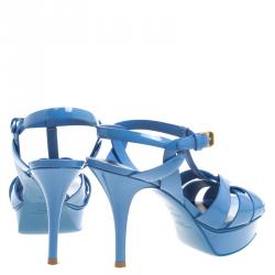Pre Owned Saint Laurent Paris Cerulean Blue Patent Leather Tribute Platform Sandals Size 37.5