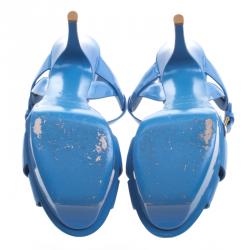 Pre Owned Saint Laurent Paris Cerulean Blue Patent Leather Tribute Platform Sandals Size 37.5