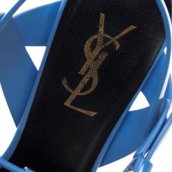 Pre Owned Saint Laurent Paris Cerulean Blue Patent Leather Tribute Platform Sandals Size 37.5