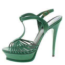 Pre Owned Saint Laurent Paris Green Cord Leather T-Strap Platform Sandals Size 39.5
