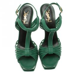 Pre Owned Saint Laurent Paris Green Cord Leather T-Strap Platform Sandals Size 39.5