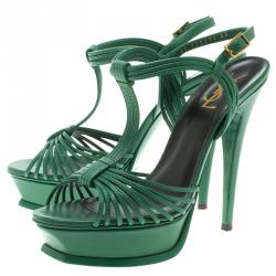 Pre Owned Saint Laurent Paris Green Cord Leather T-Strap Platform Sandals Size 39.5