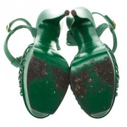 Pre Owned Saint Laurent Paris Green Cord Leather T-Strap Platform Sandals Size 39.5