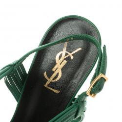 Pre Owned Saint Laurent Paris Green Cord Leather T-Strap Platform Sandals Size 39.5