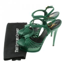 Pre Owned Saint Laurent Paris Green Cord Leather T-Strap Platform Sandals Size 39.5