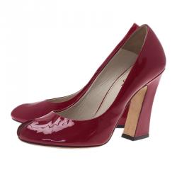 Pre Owned Saint Laurent Paris Red Patent Block Heel Peep Toe Pumps Size 37.5