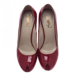 Pre Owned Saint Laurent Paris Red Patent Block Heel Peep Toe Pumps Size 37.5