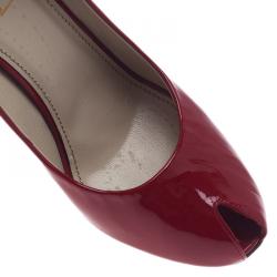 Pre Owned Saint Laurent Paris Red Patent Block Heel Peep Toe Pumps Size 37.5