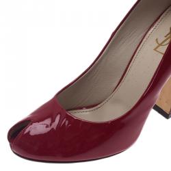 Pre Owned Saint Laurent Paris Red Patent Block Heel Peep Toe Pumps Size 37.5