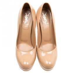 Pre Owned Saint Laurent Paris Beige Patent Palais Platform Pumps Size 38.5