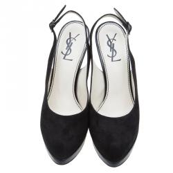 Pre Owned Saint Laurent Paris Black Suede Slingback Wedge Sandals Size 36.5