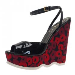 Pre Owned Saint Laurent Paris Black Patent Poppy Lips Ankle Strap Wedges Size 38