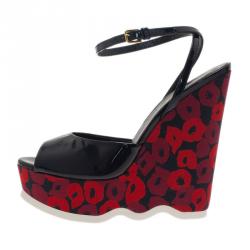 Pre Owned Saint Laurent Paris Black Patent Poppy Lips Ankle Strap Wedges Size 38