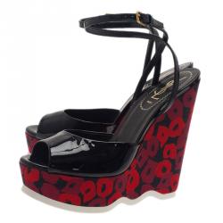 Pre Owned Saint Laurent Paris Black Patent Poppy Lips Ankle Strap Wedges Size 38