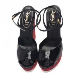 Pre Owned Saint Laurent Paris Black Patent Poppy Lips Ankle Strap Wedges Size 38