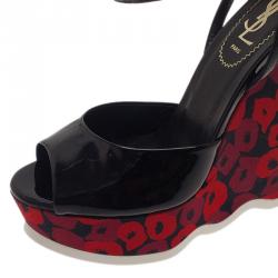 Pre Owned Saint Laurent Paris Black Patent Poppy Lips Ankle Strap Wedges Size 38