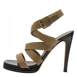 Pre Owned صندل سان لوران باريس مونتياج 105 جلد بيج بسيور مقاس 38.5